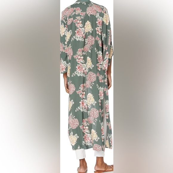 Angie|Boho Floral Green Kimono Duster,open front longline,lace crotchet trim•Med - Picture 2 of 12